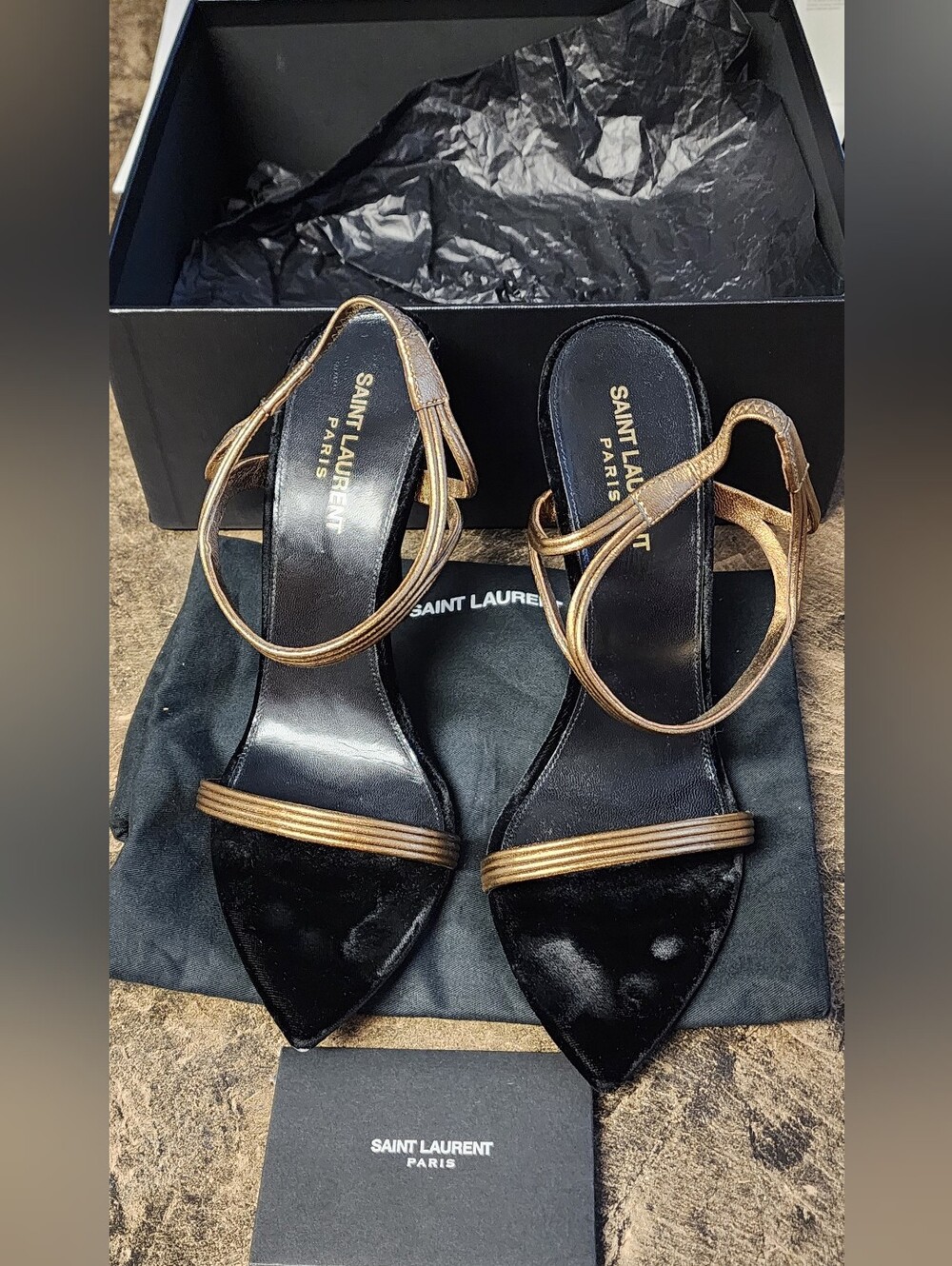 Saint Laurent Paris Black and Metallic Gold Slingback Sandals - Picture 3 of 8